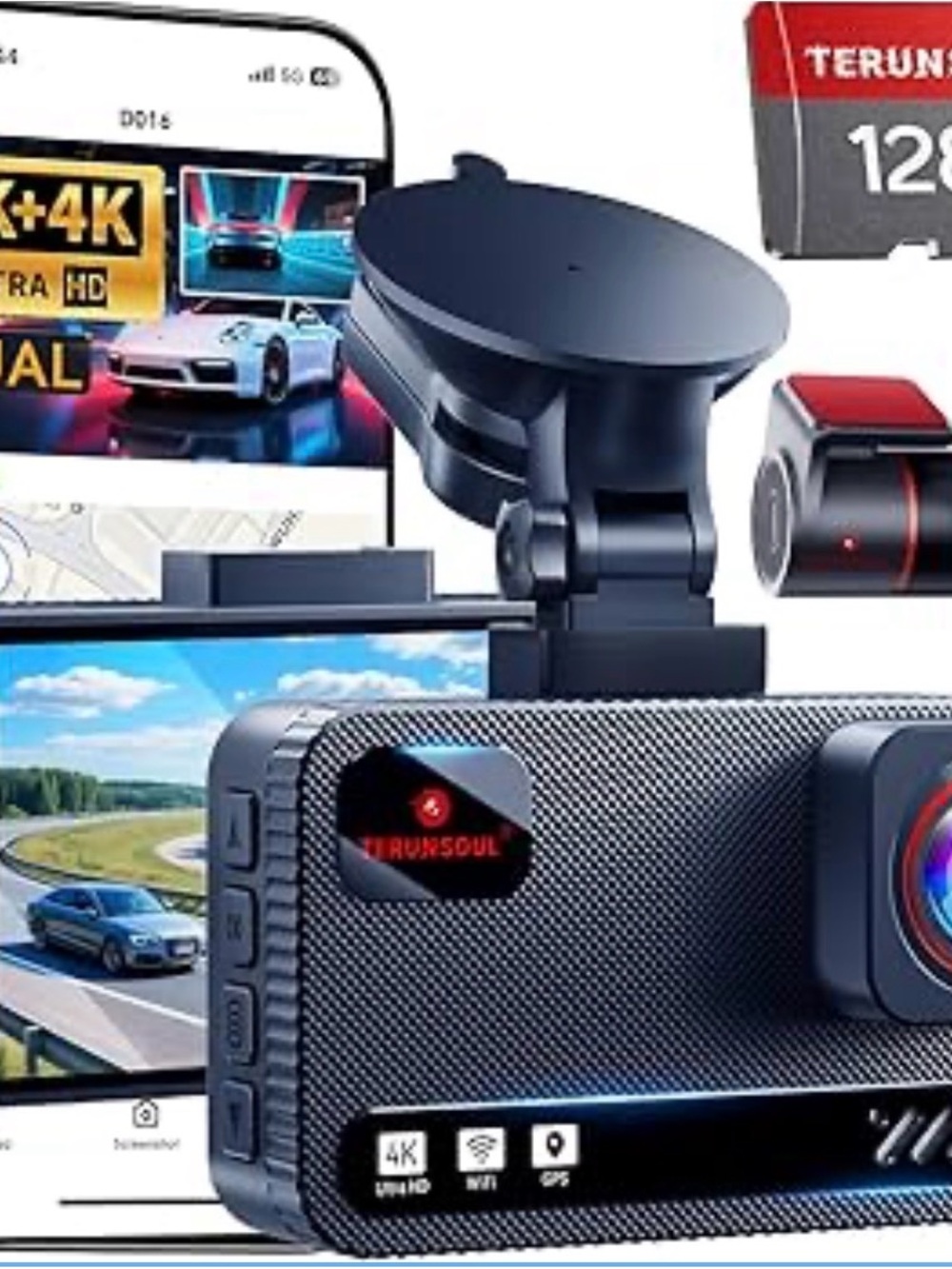 TERUNSOUL 4K Dash Cam - Black with Red Accents - Picture 2 of 10